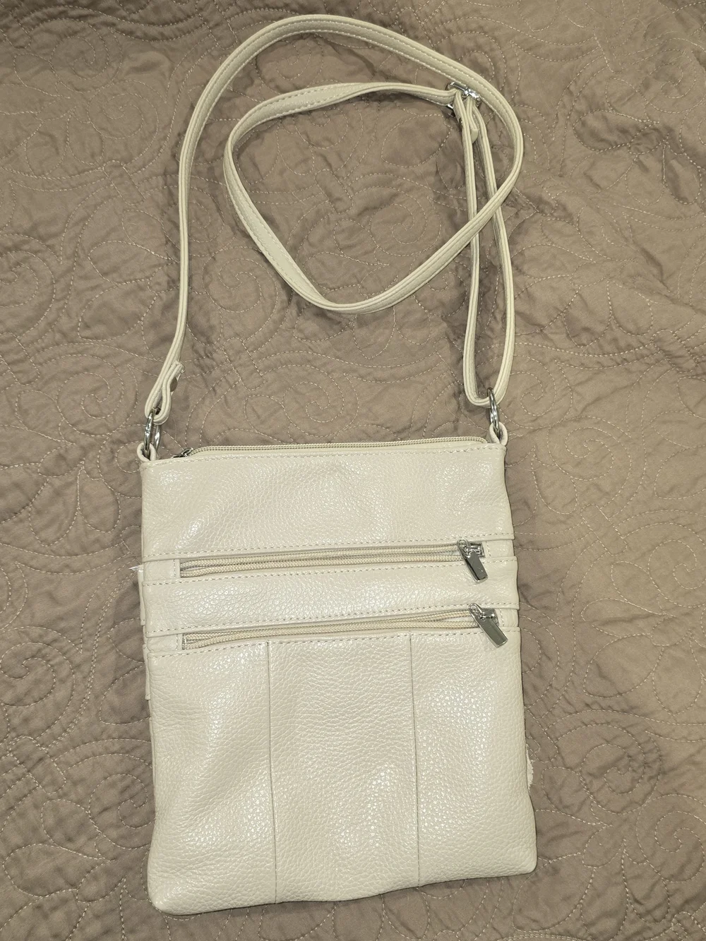 Cream Pebble-Texture Crossbody Bag with Double Zip Pockets